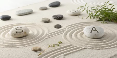Selbstklebende Fototapeten Zen S A minimalist depiction of a s integrated into a zen garden scene with sand patterns stones and subtle greenery to promote tranquility. © Justlight