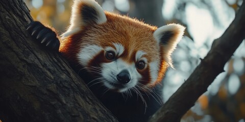 Fototapeta premium A close view of a red panda perched on a tree branch. Its vibrant fur colors stand out beautifully amidst the natural greenery. This image captures the charm and innocence of wildlife. AI
