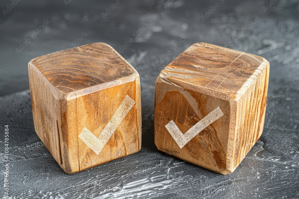 Poster two wooden blocks with a check mark on them