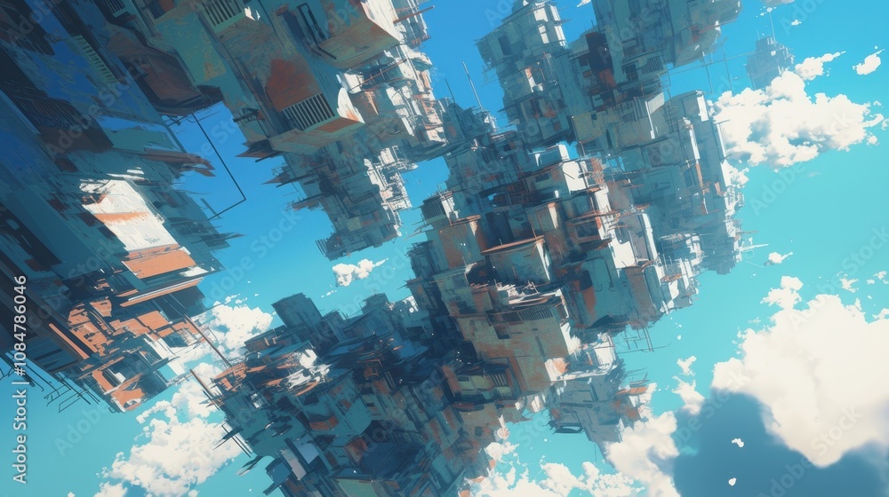 Poster a surreal cityscape where buildings twist and turn in impossible angles a wispy clouds that glow wit
