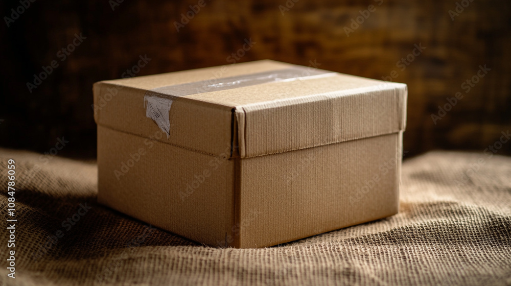 Poster simple brown cardboard box placed on textured fabric in a warm setting with soft lighting