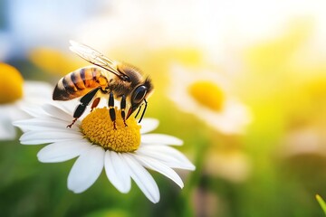 A close-up of a bee gathering nectar from a daisy flower, beautifully illuminated by sunlight, showcasing nature's harmony.