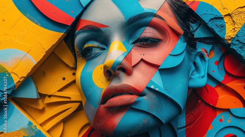 Poster a woman's face is split into colorful geometric shapes, creating a abstract and modern design.