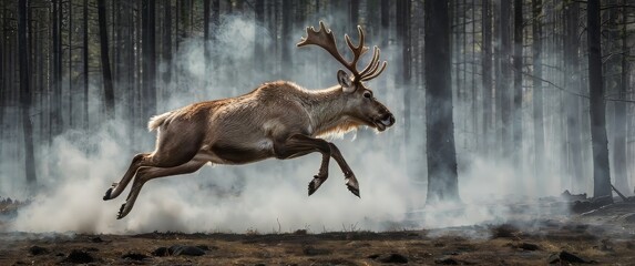 In a blur of motion, the reindeer leaps with incredible force, disappearing into the fog before reappearing on the other side