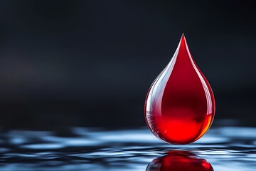 Obraz premium A vibrant red drop of liquid suspended above a reflective surface, showcasing its glossy texture and rich color against a dark background.