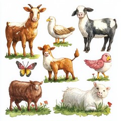 A collection of cheerful farm animals and a butterfly in a vibrant nature setting.