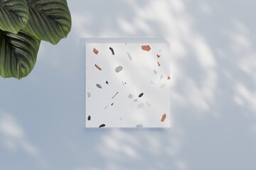 3d Minimal terrazzo white podium display with leaf shadow for cosmetic product presentation, Modern terrazzo pedestal or platform background. Mockup scene with empty space for advertising. 3d render.