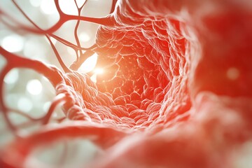 Close-up view of intricate blood vessel structure showcasing vibrant red colors and soft lighting, representing human anatomy.