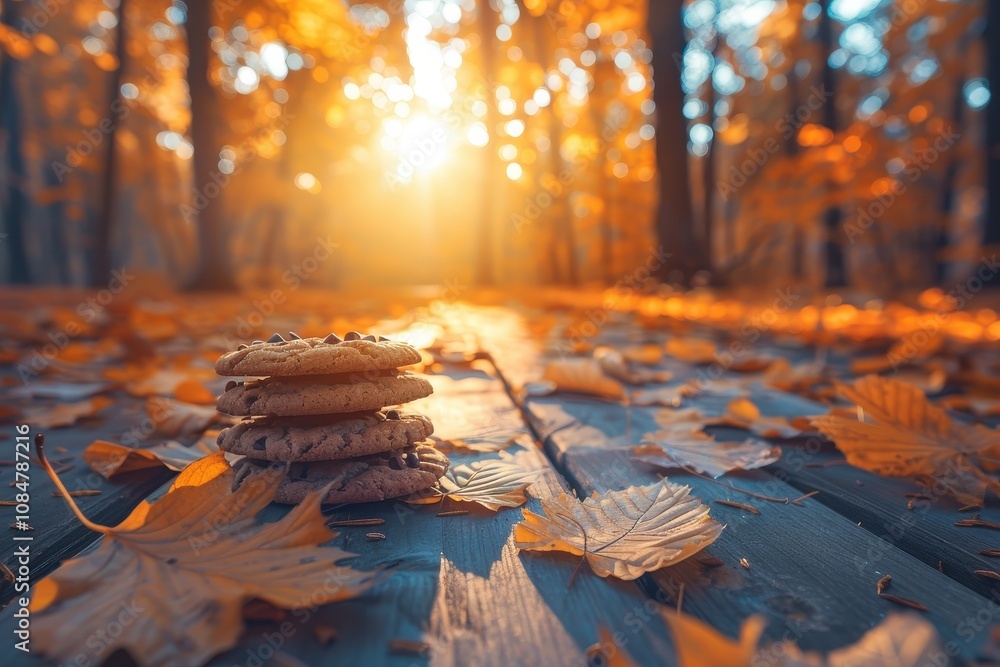 Poster a stack of cookies is on a wooden table in a forest