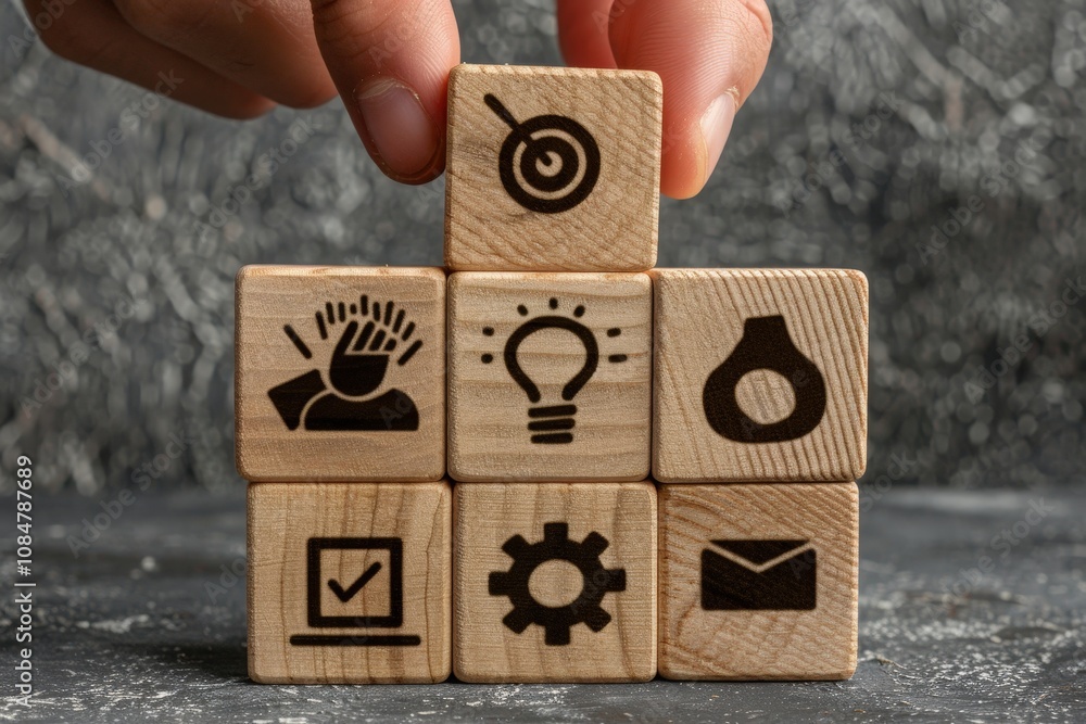 Poster a hand is holding a stack of wooden blocks with various symbols on them