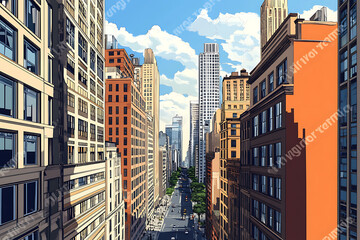 A vibrant cityscape showcasing tall buildings and a clear sky, emphasizing urban architecture.