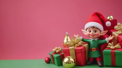 Festive Christmas Elf Posing with a Pile of Presents