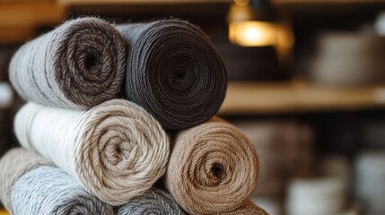 High-quality wool yarn rolls in beige, brown, and grey colors, showcasing a soft and textured textile collection. Ideal for knitting, crafting, and textile industry applications.