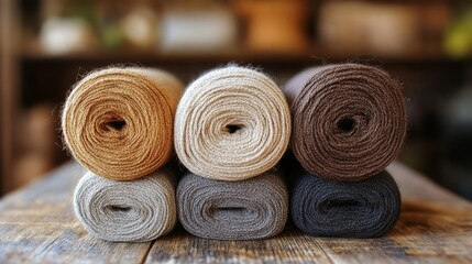 High-quality wool yarn rolls in beige, brown, and grey colors, showcasing a soft and textured textile collection. Ideal for knitting, crafting, and textile industry applications.