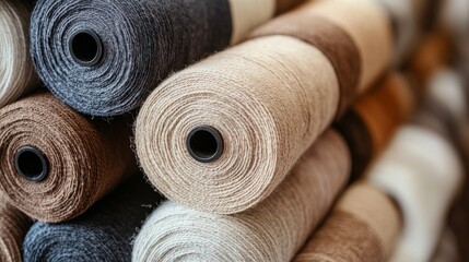 High-quality wool yarn rolls in beige, brown, and grey colors, showcasing a soft and textured textile collection. Ideal for knitting, crafting, and textile industry applications.