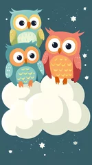Three colorful cartoon owls sitting on a fluffy cloud against a starry background.