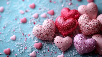 Obraz premium Valentine's Day banner with pink and red heart-shaped patterns, romantic love theme, suitable for celebrating love, relationships, and the joy of Valentine's Day. Very suitable for holiday decoration.