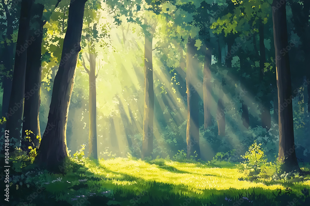Poster a serene forest scene with sunlight filtering through trees, creating a tranquil atmosphere.