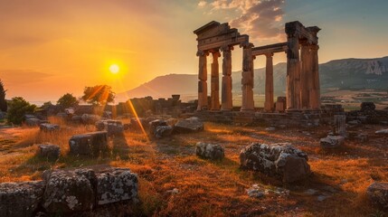Fototapeta premium Ancient ruins at sunset, showcasing historical and archaeological beauty