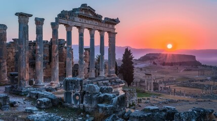 Obraz premium Ancient ruins at sunset, showcasing historical and archaeological beauty