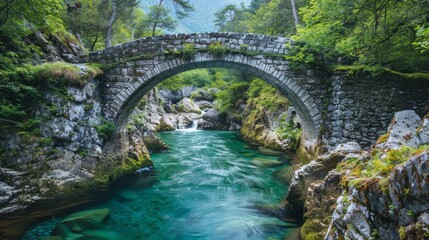 Fototapeta premium Ancient stone bridge over a scenic river in a lush landscape