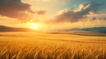 Obraz premium A golden wheat field stretches towards the horizon under a vibrant sunset, with soft clouds and distant mountains creating a serene landscape.