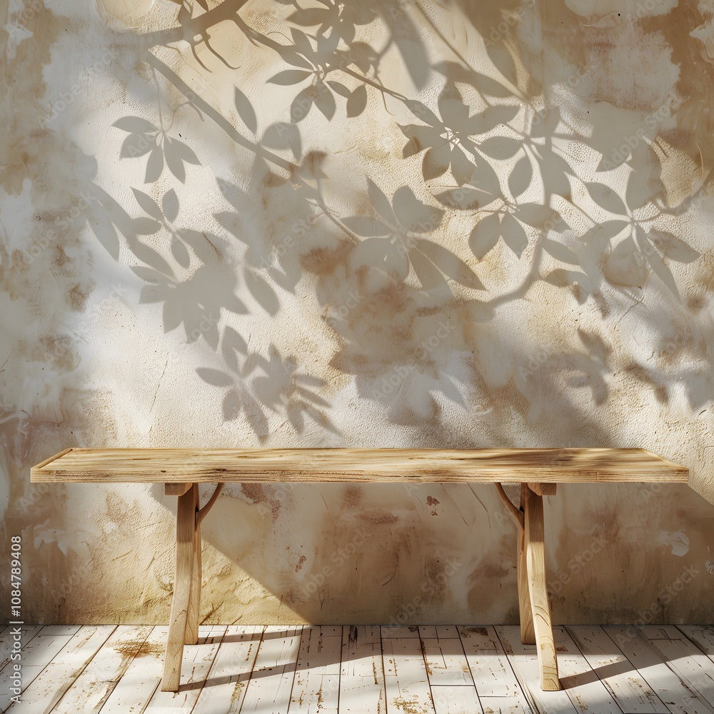 Poster a wooden table in front of a textured wall, with leaf shadows creating an artistic effect.
