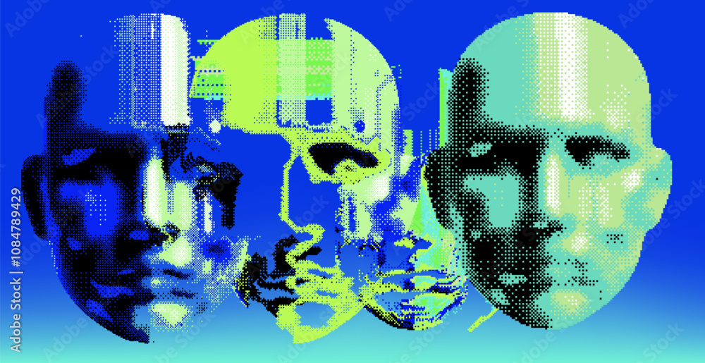 Poster Conceptual vector illustration portraying overlapping faces in vivid blue and green tones, symbolizing the gradual breakdown of identity and information through pixelated distortion.