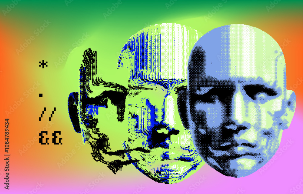 Poster conceptual vector illustration portraying overlapping faces in vivid blue and green tones, symbolizi