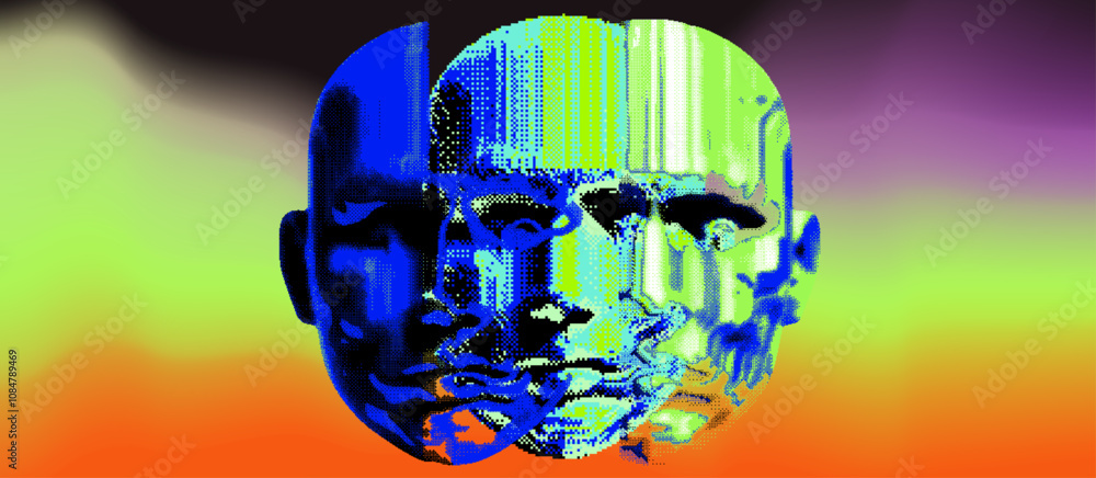 Aufkleber Conceptual vector illustration portraying overlapping faces in vivid blue and green tones, symbolizing the gradual breakdown of identity and information through pixelated distortion.