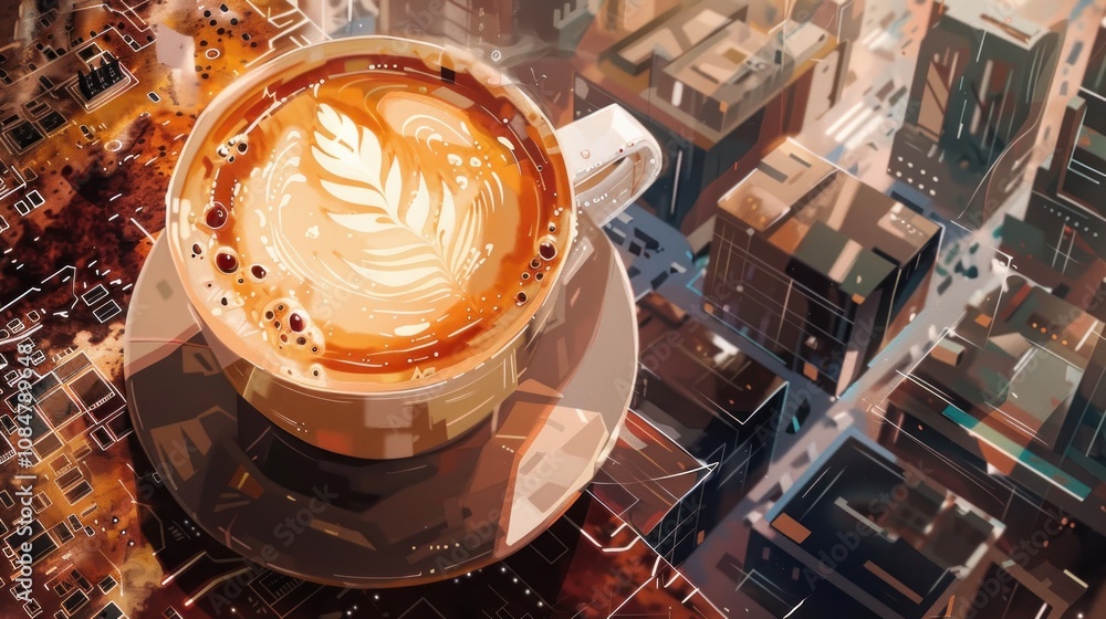 Poster a steaming cup of cappuccino with latte art in the shape of a leaf, sitting on a table with a citysc