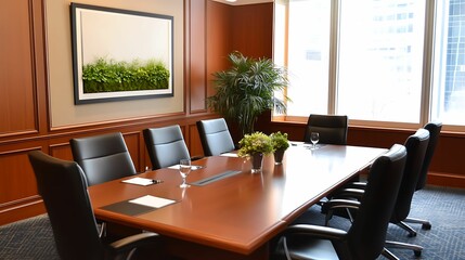 Fototapeta premium A modern conference room featuring a large wooden table, black chairs, and greenery, designed for professional meetings and discussions.