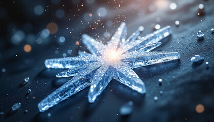 Glowing ice crystal snowflake macro on dark background
