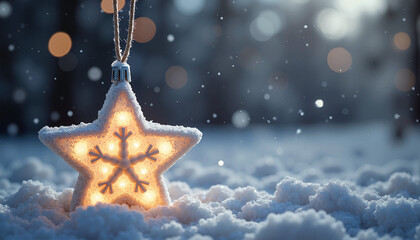 Glowing star ornament in snow against blurred winter background