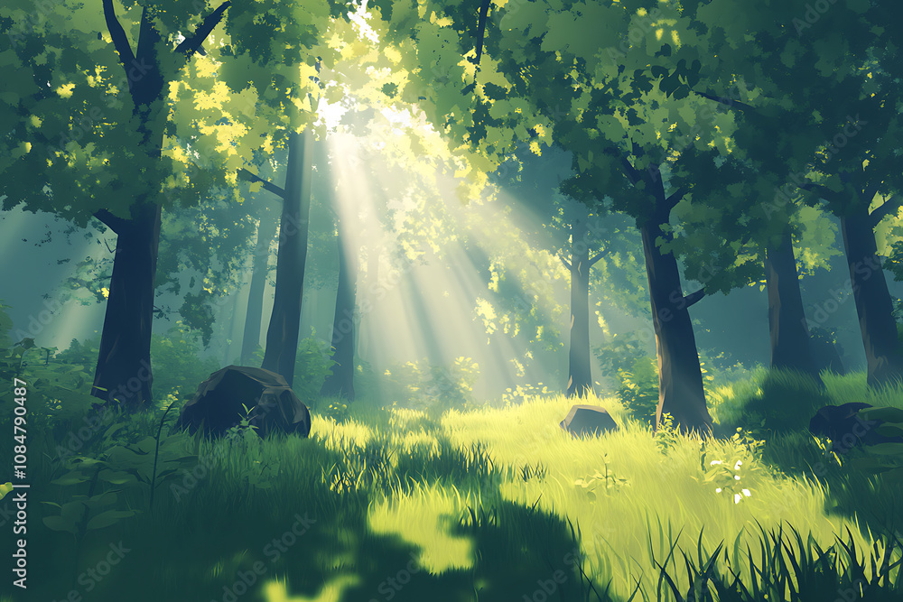 Poster a serene forest scene with sunlight streaming through trees, creating a tranquil atmosphere.