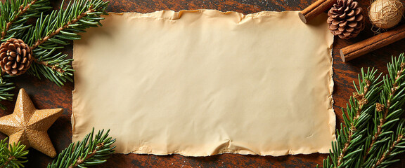 Christmas border with blank parchment and decorations