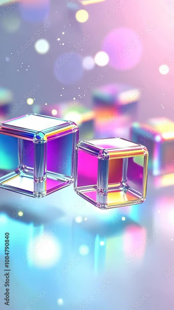 Poster iridescent cubes float in a dreamy purple and blue bokeh, creating an ethereal atmosphere. a recent 