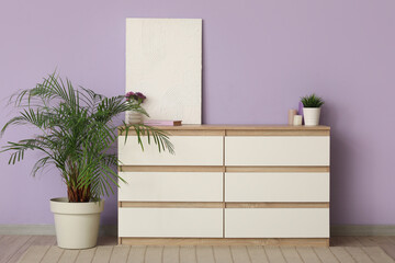 Houseplant, chest of drawers and picture near purple wall in stylish living room