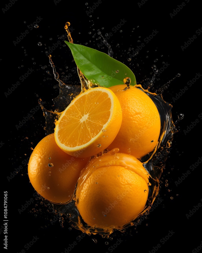 Poster a vibrant display of oranges with splashes of juice, highlighting freshness and zest.