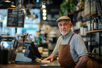 An elderly man stands behind a caf? counter, wearing an apron and cap, looking at the camera.
