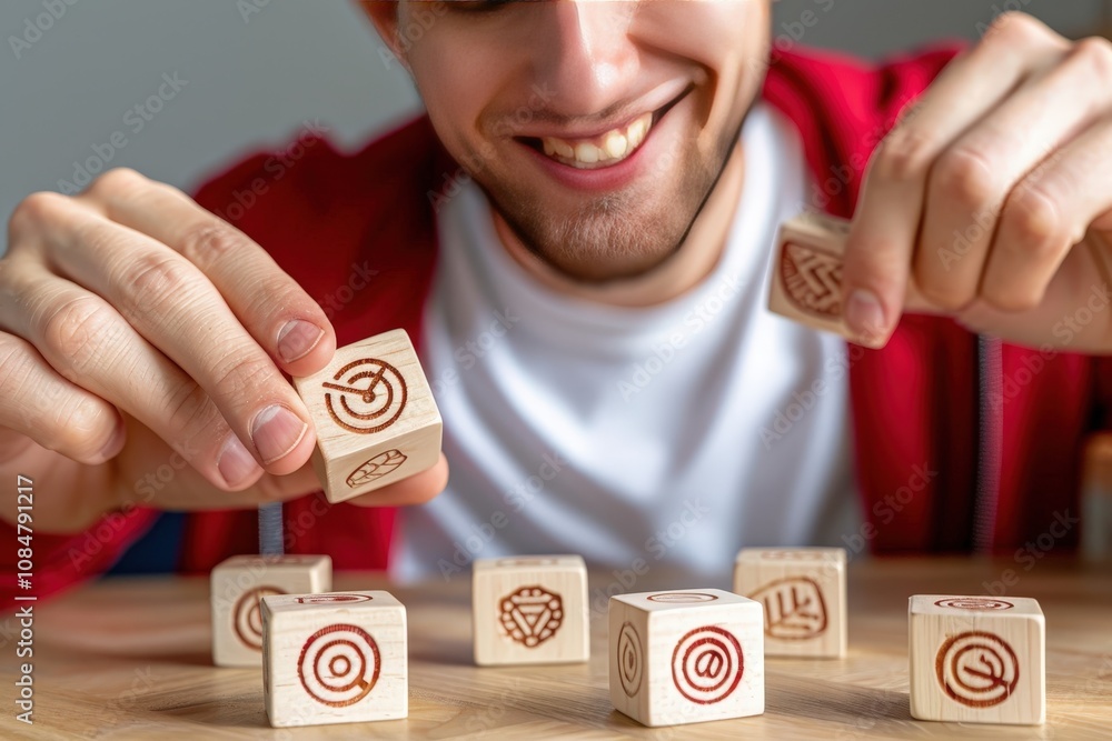 Poster a man is playing with wooden blocks that have different symbols on them