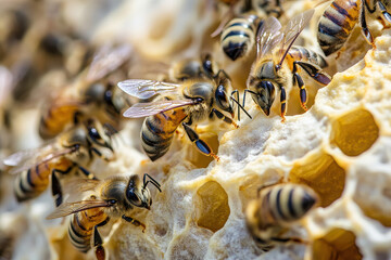 A close-up view of bees working on honeycomb, showcasing their role in honey production.