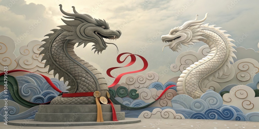 Poster double sculpture display a syncopated float featuring a majestic dragon alongside a slithering s bot