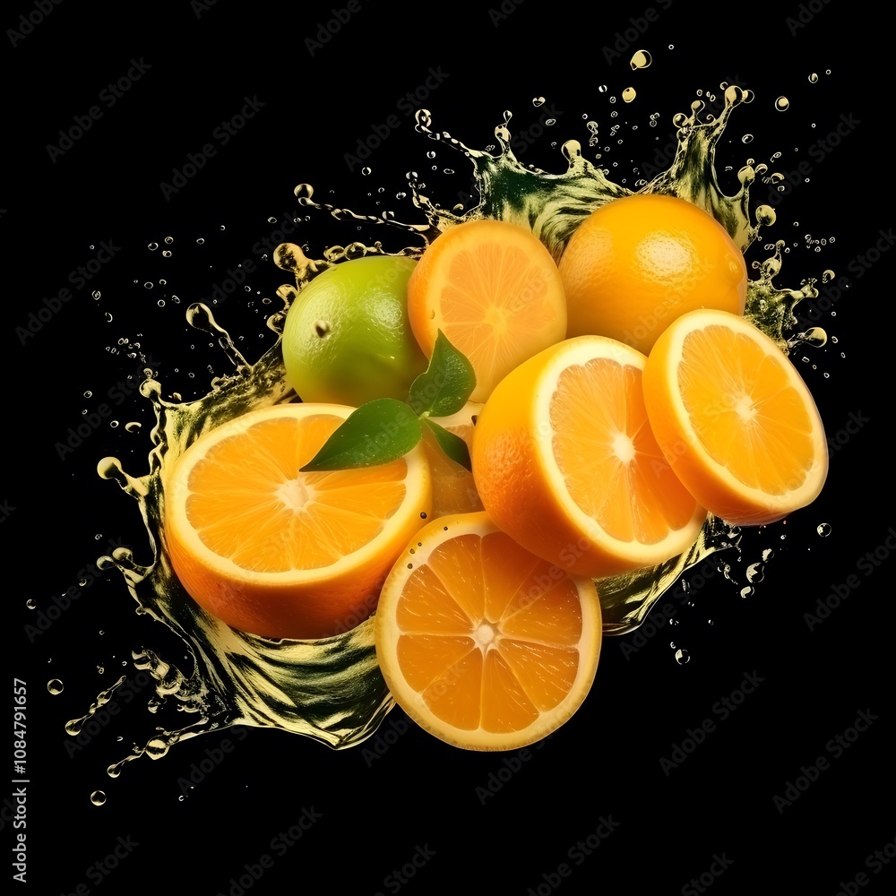 Poster a vibrant display of oranges and a lime with splashes, emphasizing freshness and vitality.