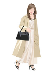 コートを着て歩く若い女性イラスト