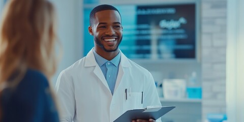 Fototapeta premium A smiling healthcare professional engages with a patient in a bright clinic. The friendly atmosphere highlights trust and care in medical services. Ideal for wellness and healthcare themes. AI