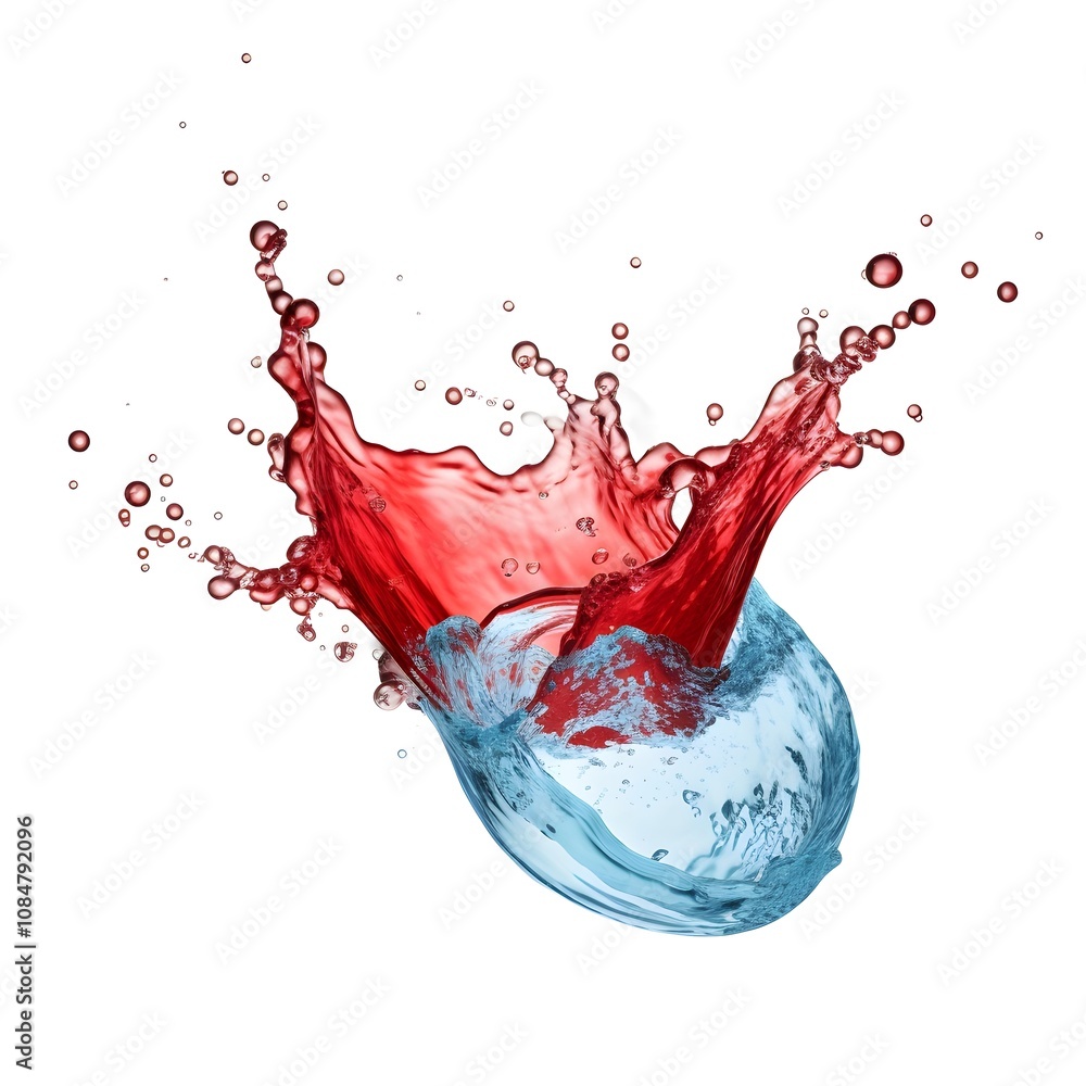 Poster a splash of red and blue liquid creating dynamic patterns.