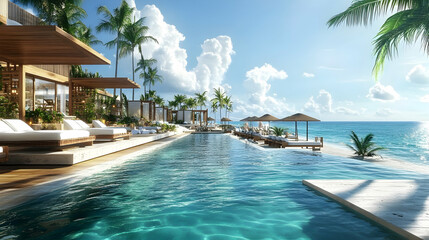 Fototapeta premium Tropical Beach Resort: Infinity Pool and Luxurious Cabanas under Sunny Skies