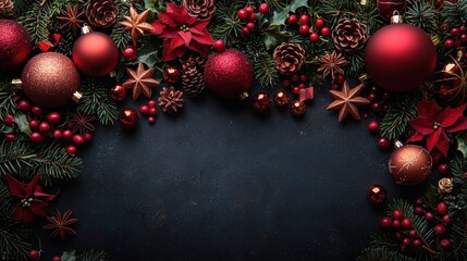  Festive Christmas Border: A beautiful and festive border of Christmas ornaments, pine branches, holly, and cinnamon sticks, all arranged on a black background.  Perfect for your holiday designs! 