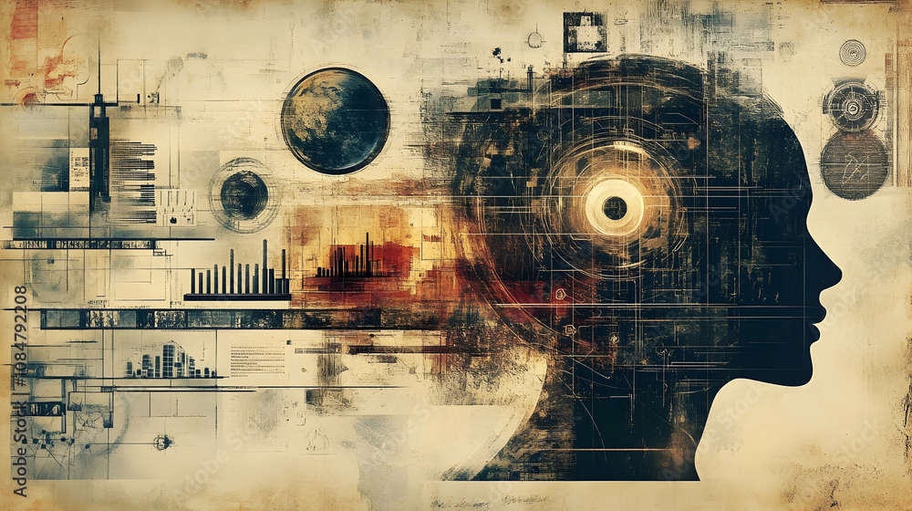 Poster abstract digital mind: grunge texture, data visualizations, and a profile silhouette illustrate cogn